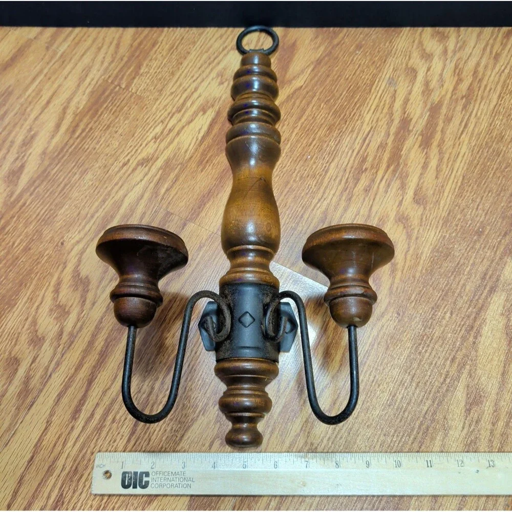 Vintage Brown Wood Black Metal Double Candle Wall Sconce Decor 17
